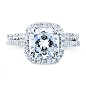 Cushion Moissanite and Diamond Halo Bridal Rings Set 2 2/5 CTW 14k White Gold (GH/VS)