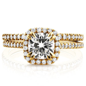 Cushion-cut Moissanite and Diamond Halo Trellis Bridal Set 1 1/2 CTW in 14K Yellow Gold