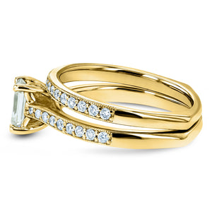 Emerald Moissanite and Diamond Square European Shank Vintage Trellis Bridal Set 1 CTW 14k Yellow Gold