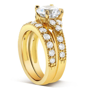 Art Deco Moissanite and Diamond Bridal Rings Set 3 CTW 14k Yellow Gold