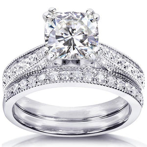 Cushion-cut Moissanite Bridal Set with Round-Brilliant Diamond 1 2/5 CTW 14k White Gold