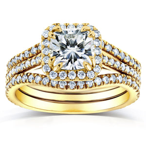 Cushion Moissanite and Diamond Halo Bridal Set 1 4/5 CTW in 14k Yellow Gold