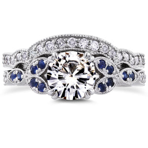 Antique Moissanite and Blue Sapphire Bridal Set 1 2/5 CTW in 14k White Gold