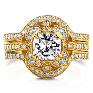 Antique Floral Moissanite and Diamond 3 Piece Bridal Set 1 3/4 CTW in 14k Yellow Gold