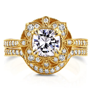 Antique Floral Cushion Moissanite and Diamond Bridal Set 1 1/2 CTW in 14k Yellow Gold
