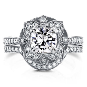 Antique Floral Cushion Moissanite and Diamond Bridal Set 1 1/2 CTW in 14k White Gold