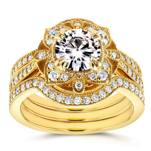 Antique Floral Round Moissanite and Diamond 3 Piece Bridal Set 1 3/4 CTW in 14k Yellow Gold