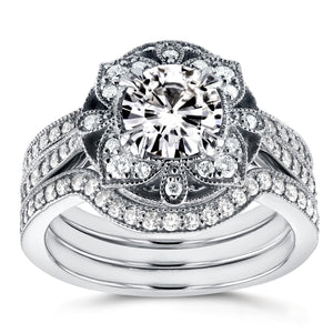 Antique Floral Round Moissanite and Diamond 3 Piece Bridal Set 1 3/4 CTW in 14k White Gold