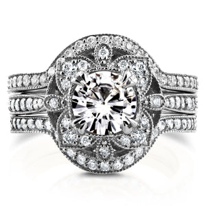 Antique Floral Round Moissanite and Diamond 3 Piece Bridal Set 1 3/4 CTW in 14k White Gold