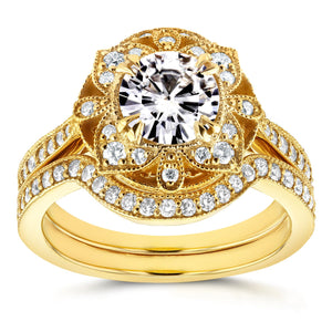 Antique Floral Round Moissanite and Diamond Bridal Set 1 1/2 CTW in 14k Yellow Gold