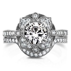 Antique Floral Round Moissanite and Diamond Bridal Set 1 1/2 CTW in 14k White Gold