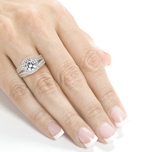 Cushion Moissanite Bridal Set with Split Shank Halo Diamond 3 CTW 14k White Gold (3-Piece Set)