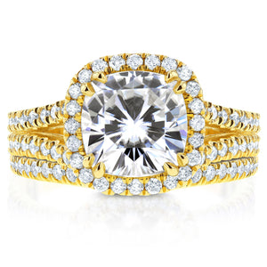 Cushion Moissanite Bridal Set with Split Shank Halo Diamond 2 3/4 CTW 14k Yellow Gold