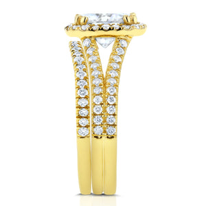 Cushion Moissanite Bridal Set with Split Shank Halo Diamond 2 3/4 CTW 14k Yellow Gold